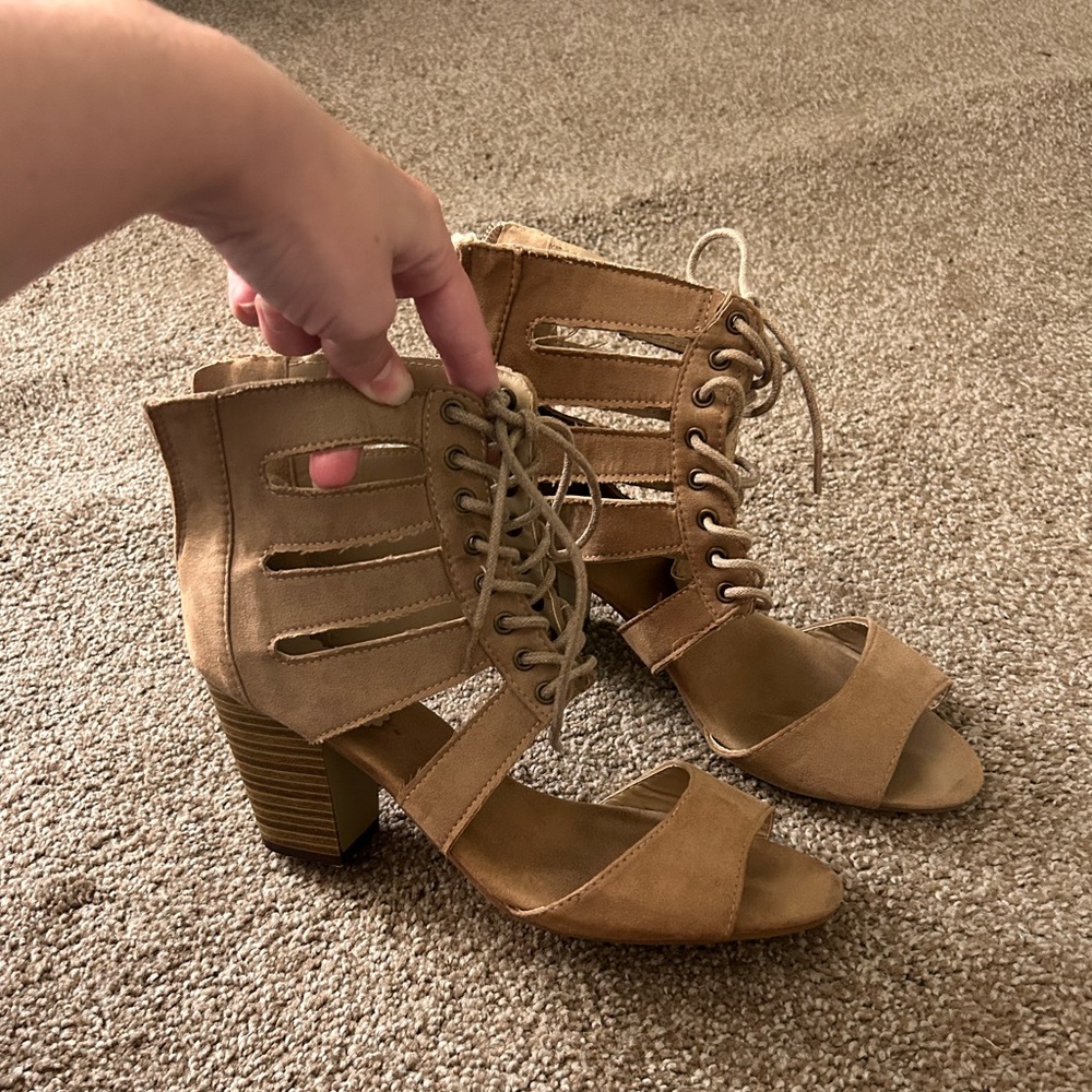 Tan Lace-Up Heeled Sandals